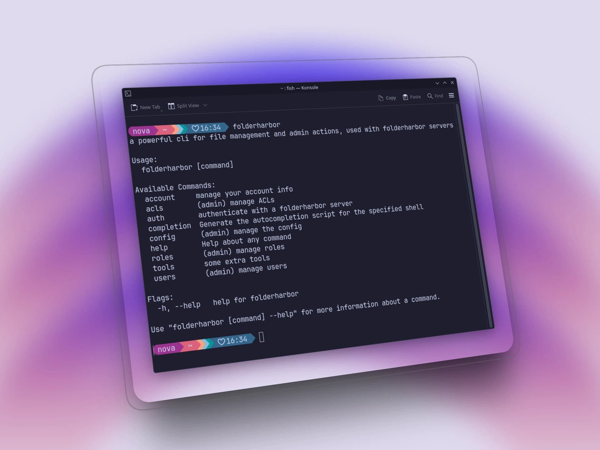 A stylized picture of the help message from the FolderHarbor CLI.