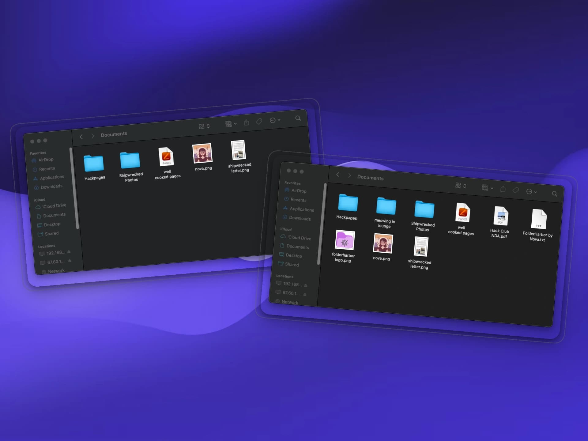 Two stylized macOS Finder windows showing FolderHarbor Server working!